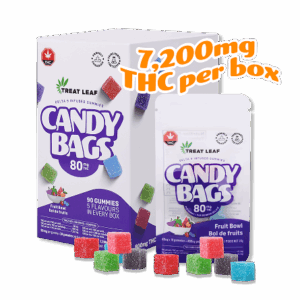 Fruit Bowl Box – 80mg per gummy x 10 gummies per bag x 9 bag per box = 7,200mg THC per box