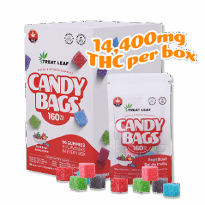 Fruit Bowl Box  – 160mg per gummy x 10 gummies per bag x 9 bag per box = 14,400mg THC per box